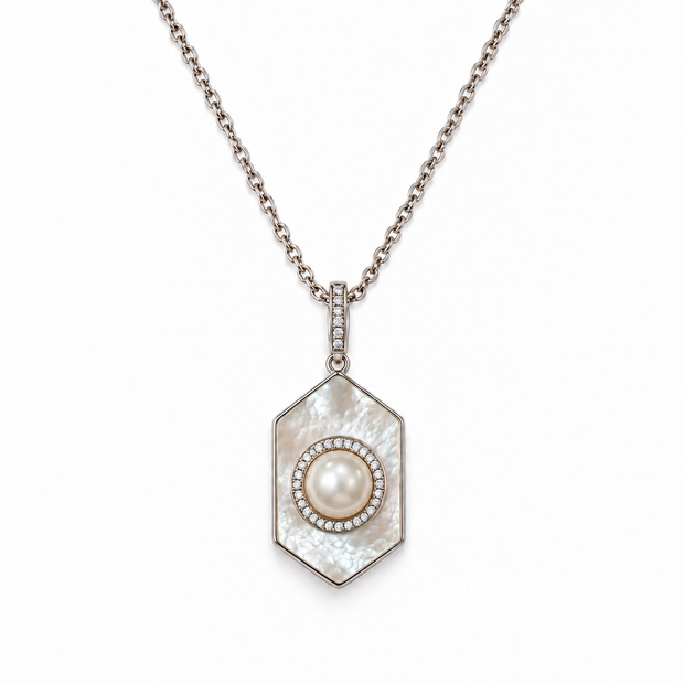 Fresh Water Pearl Zirconia Iridescent Pearl Hexagon Pendant With Stainless Steel Chain Necklace