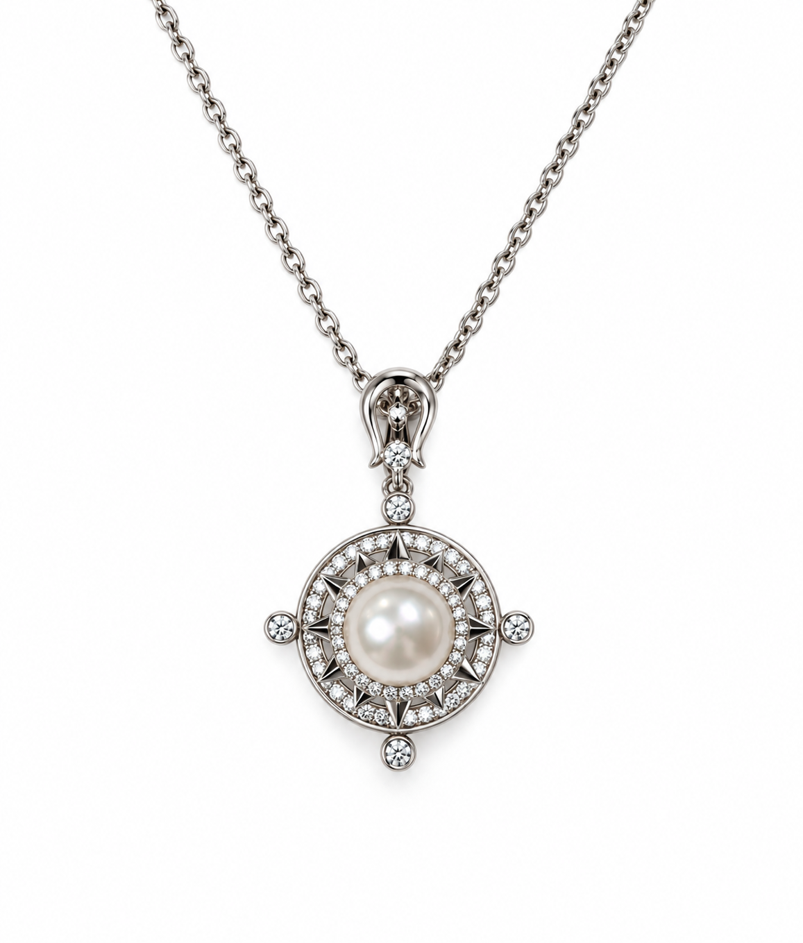 Fresh Water Pearl Zirconia Starburst Rotate Pendant With Stainless Steel Chain Necklace