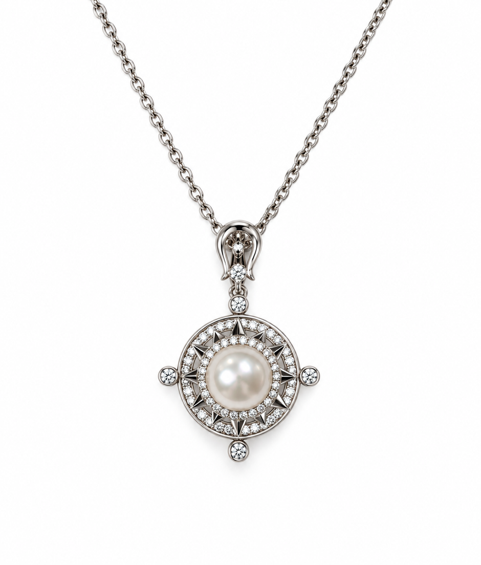 Fresh Water Pearl Zirconia Starburst Rotate Pendant With Stainless Steel Chain Necklace