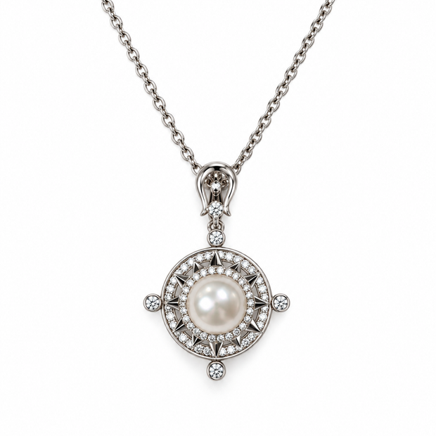 Fresh Water Pearl Zirconia Starburst Rotate Pendant With Stainless Steel Chain Necklace