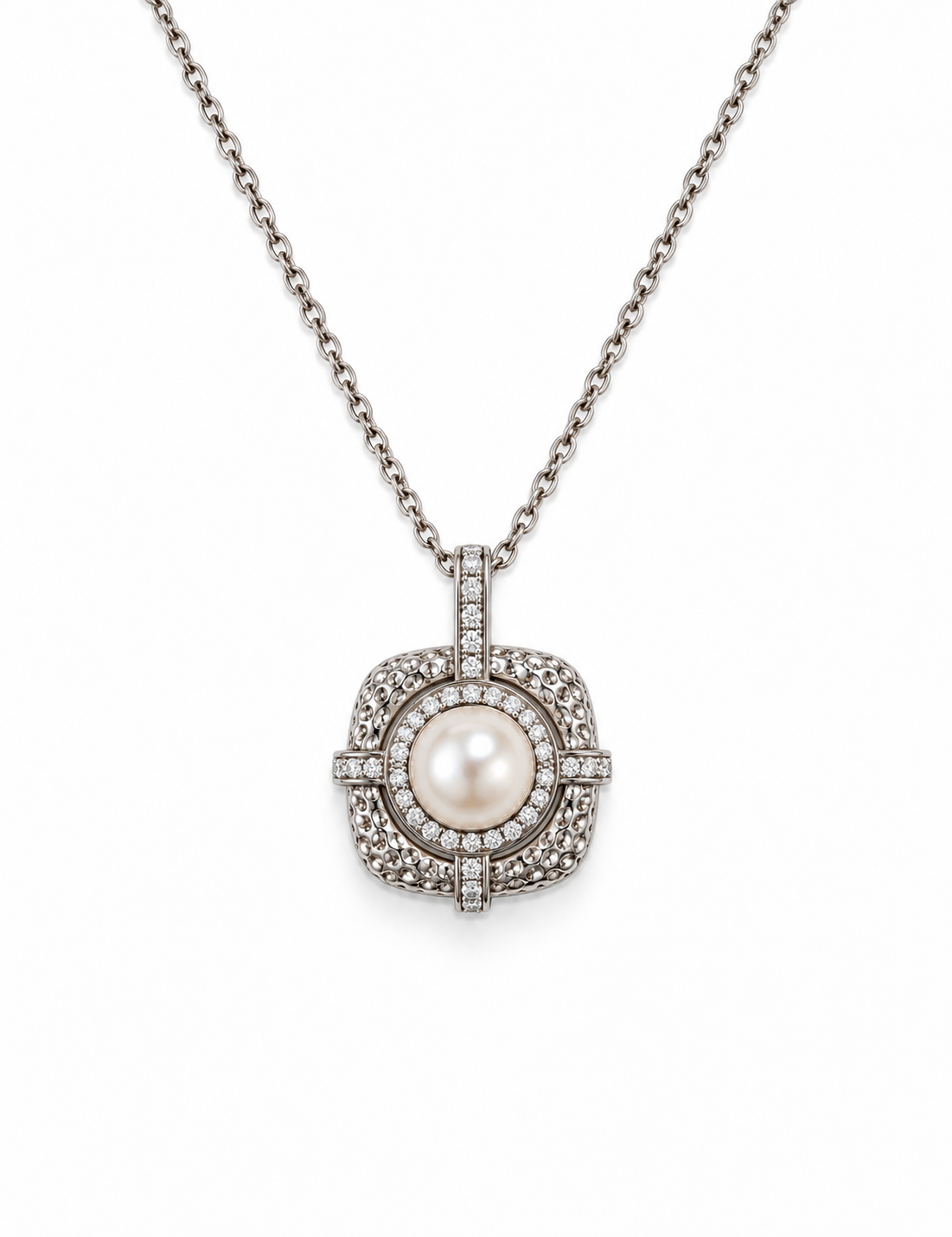 Fresh Water Pearl Zirconia Halo Cushion Pendant  Pendant With Stainless Steel Chain Necklace