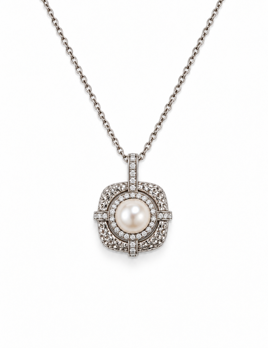 Fresh Water Pearl Zirconia Halo Cushion Pendant  Pendant With Stainless Steel Chain Necklace