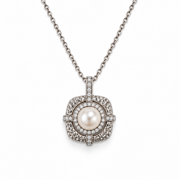 Fresh Water Pearl Zirconia Halo Cushion Pendant  Pendant With Stainless Steel Chain Necklace