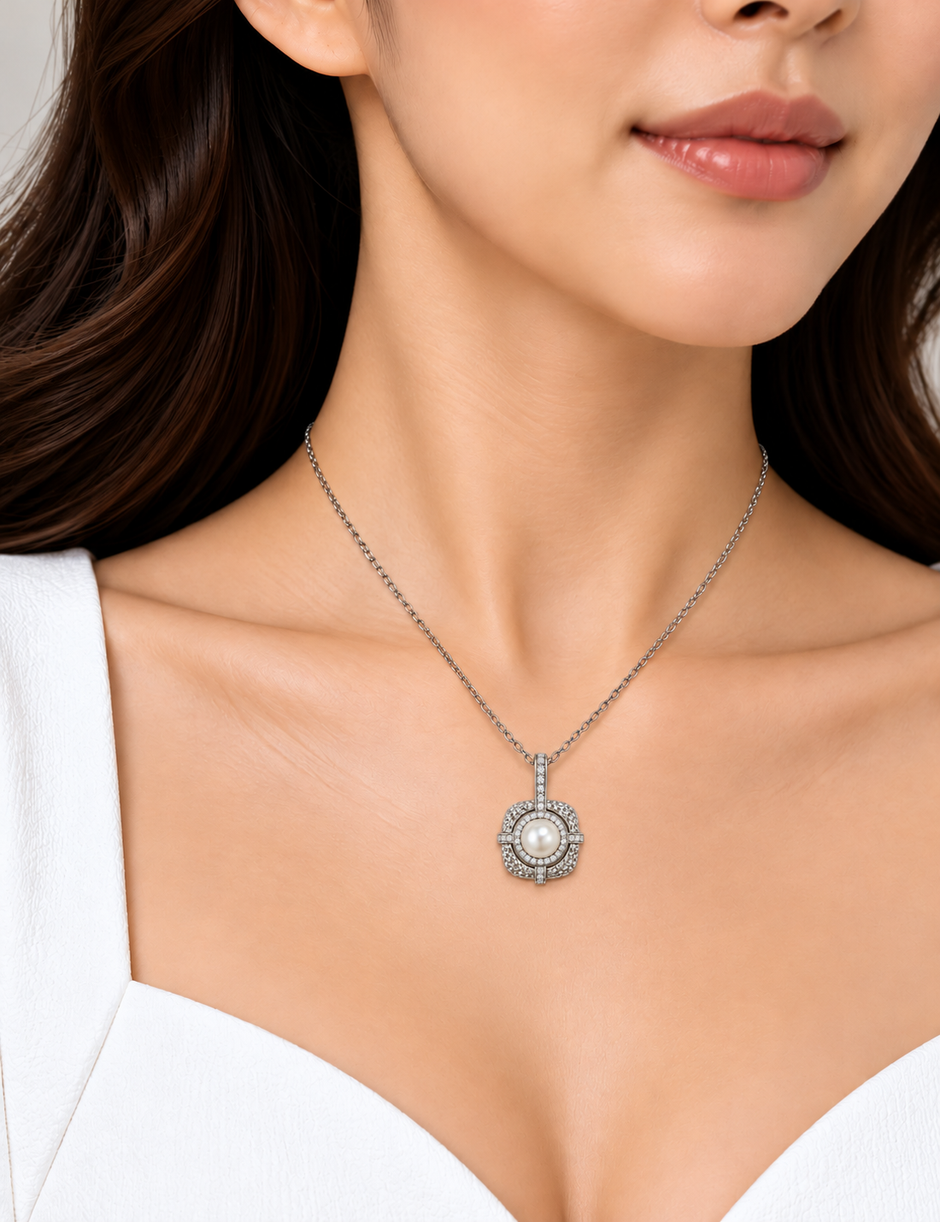 Fresh Water Pearl Zirconia Halo Cushion Pendant  Pendant With Stainless Steel Chain Necklace