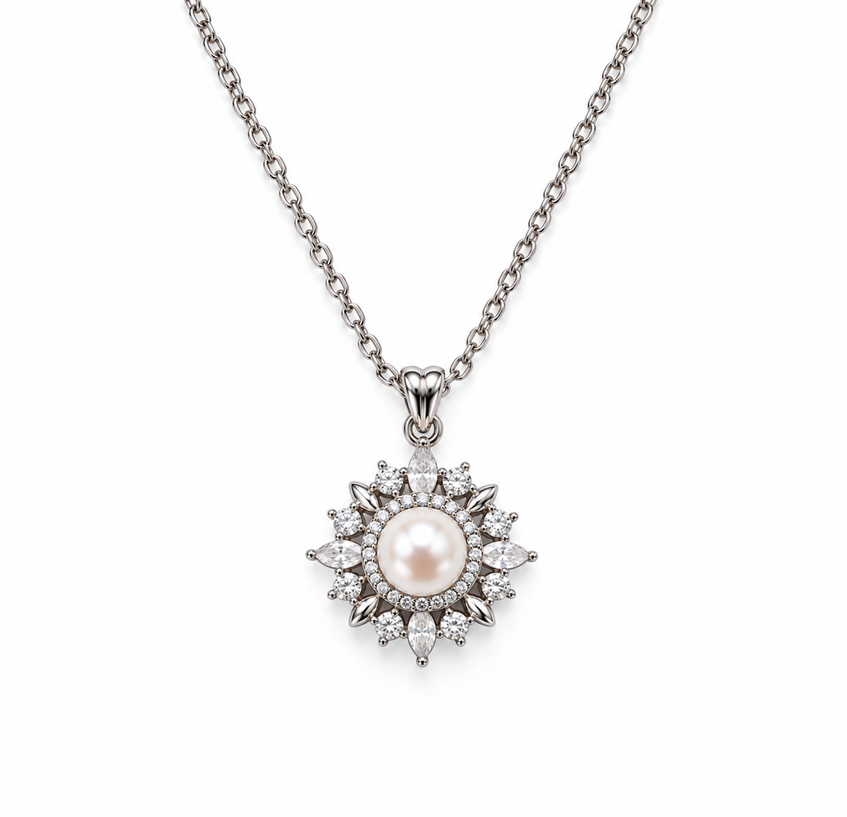 Fresh Water Pearl Starburst Zirconia Alloy Pendant With Stainless Steel Chain Necklace