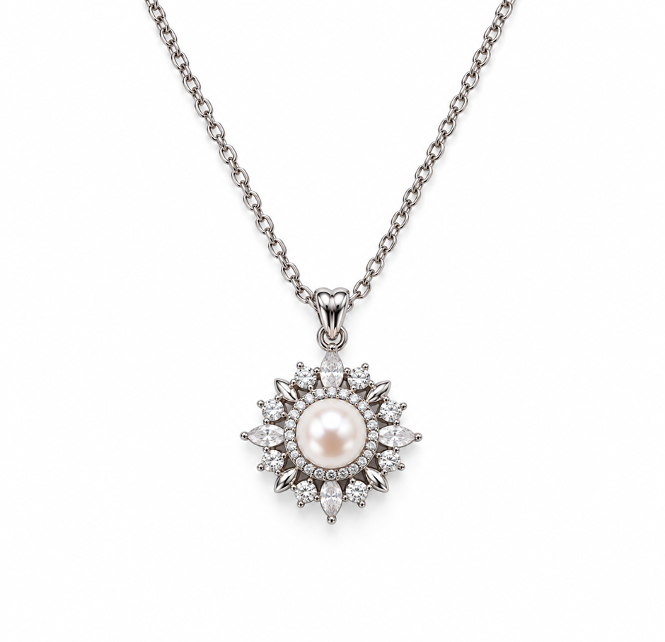 Fresh Water Pearl Starburst Zirconia Alloy Pendant With Stainless Steel Chain Necklace