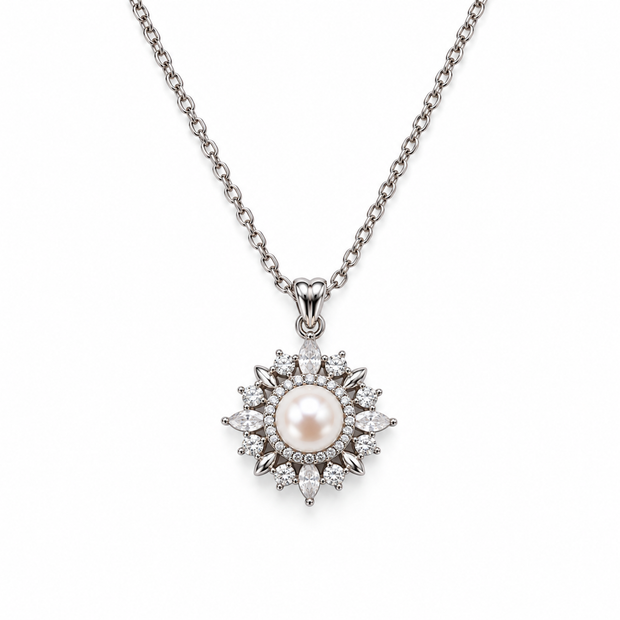 Fresh Water Pearl Starburst Zirconia Alloy Pendant With Stainless Steel Chain Necklace
