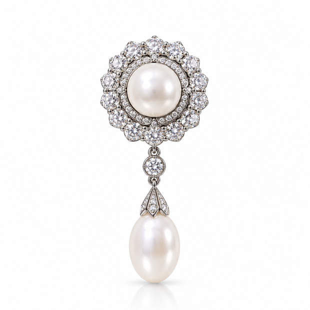 Fresh Water Pearl Zircon Floral Brooch