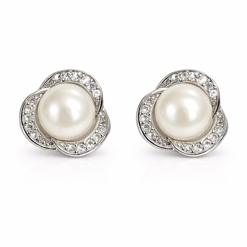 Fresh water pearl 7.5-8mm 3 petal with zirconia zinc alloy earring 11.5x12mm