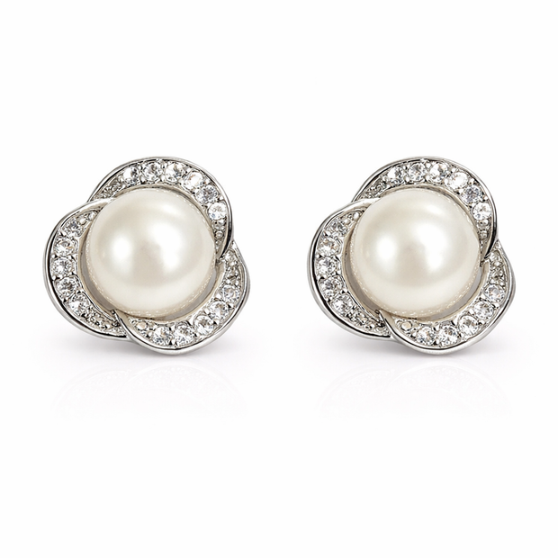 Fresh water pearl 7.5-8mm 3 petal with zirconia zinc alloy earring 11.5x12mm