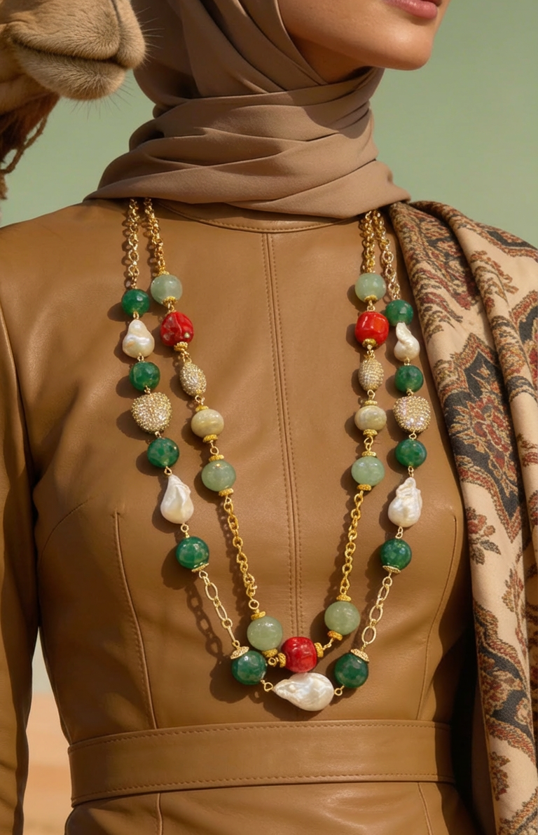Fresh Water Pearl Baroque With Green Agate Stainless Steel Links Necklace