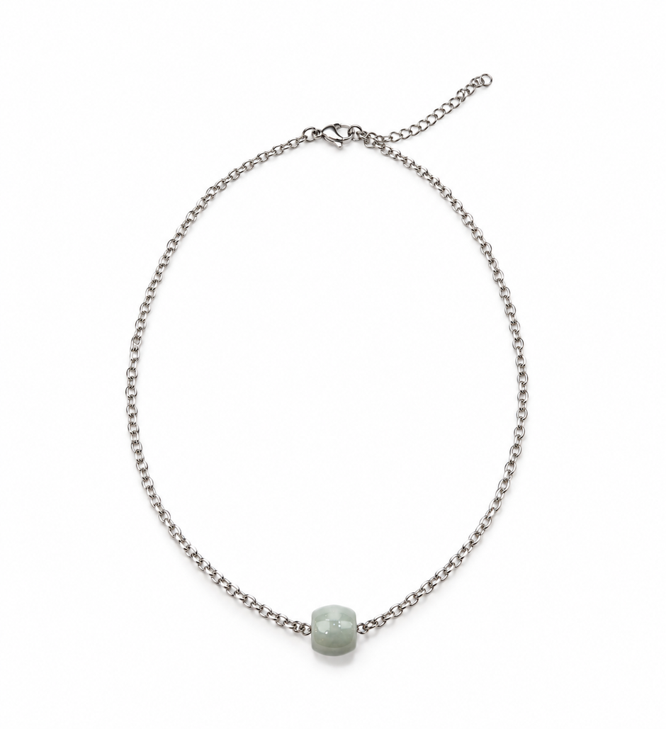 A Grade Jade Barrel Single With Stainless Steel Chain Necklace