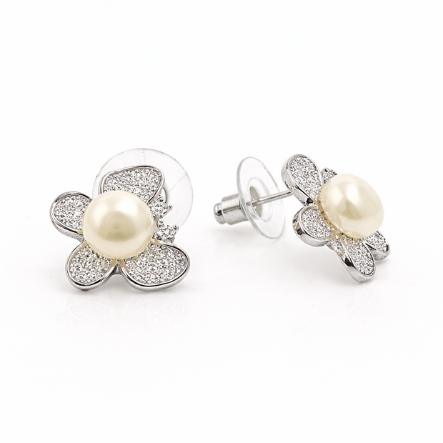 Fresh Water pearl 7-7.5mm butterfly zinc alloy earring 12.5x15mm