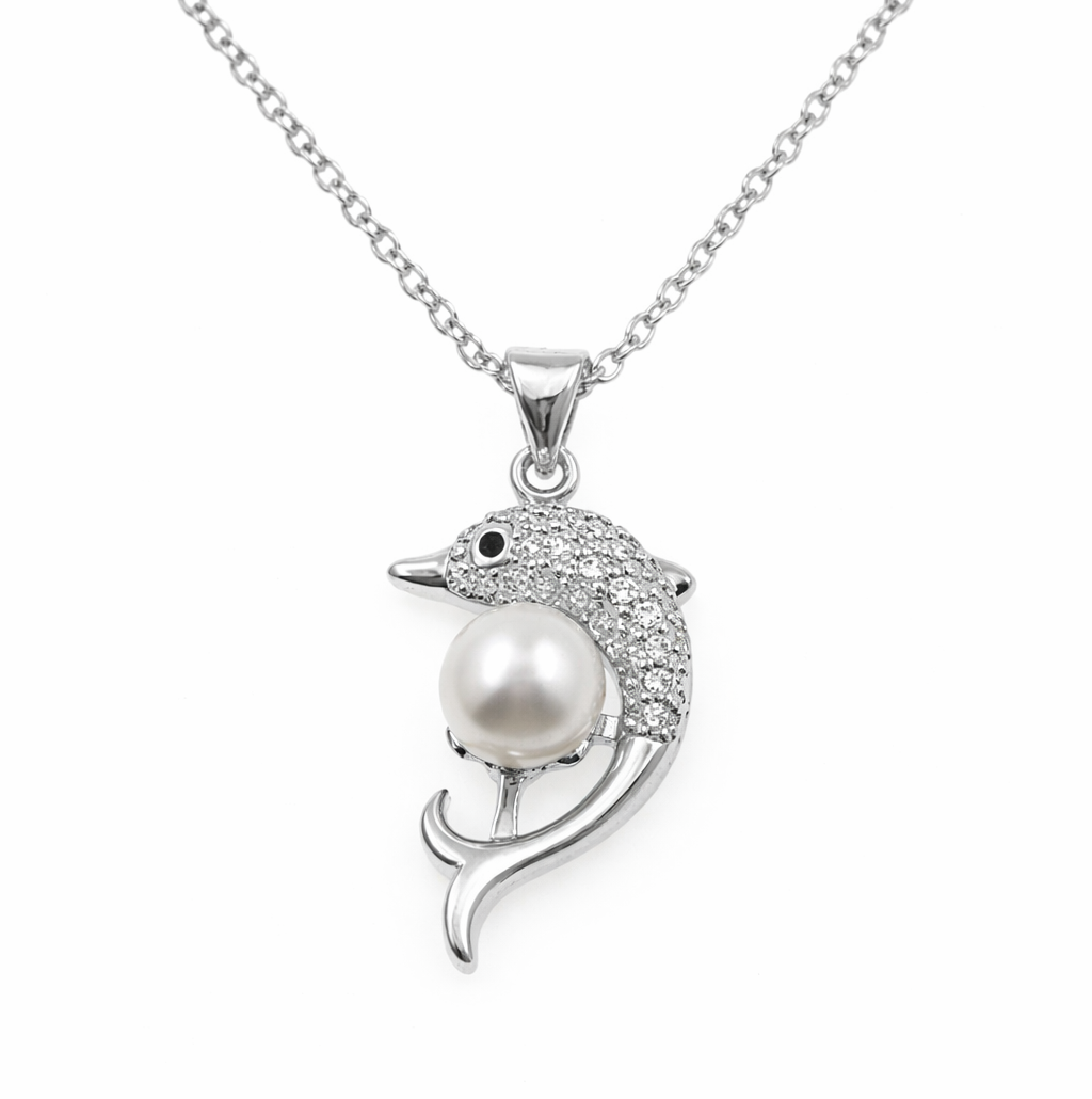 Fresh Water Pearl Zirconia Dolphin Pendant With Stainless Steel Chain Necklace