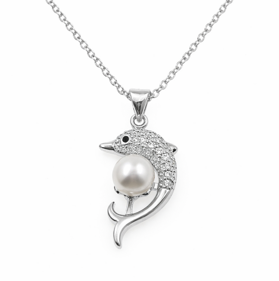 Fresh Water Pearl Zirconia Dolphin Pendant With Stainless Steel Chain Necklace