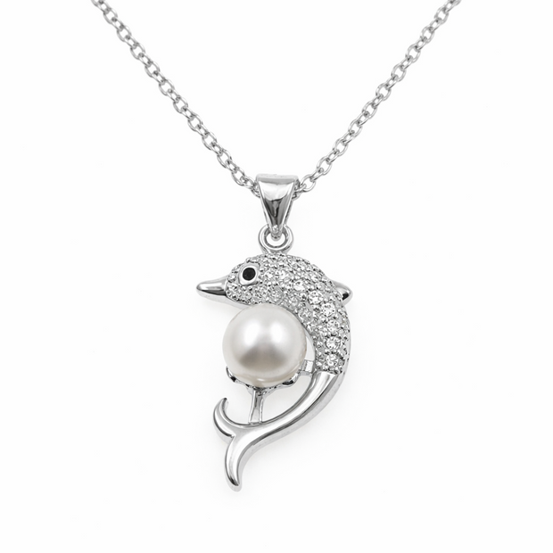 Fresh Water Pearl Zirconia Dolphin Pendant With Stainless Steel Chain Necklace