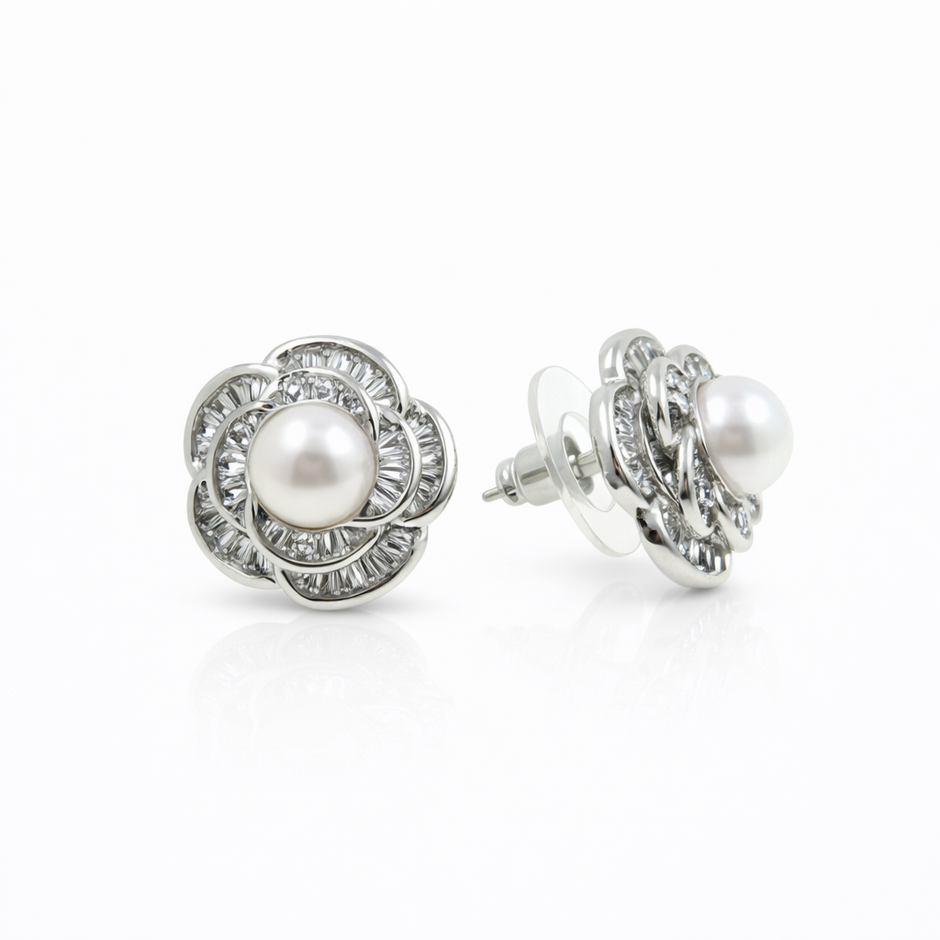 Fresh Water pearl 6-6.5mm tapered flower zinc alloy earring 15x15mm