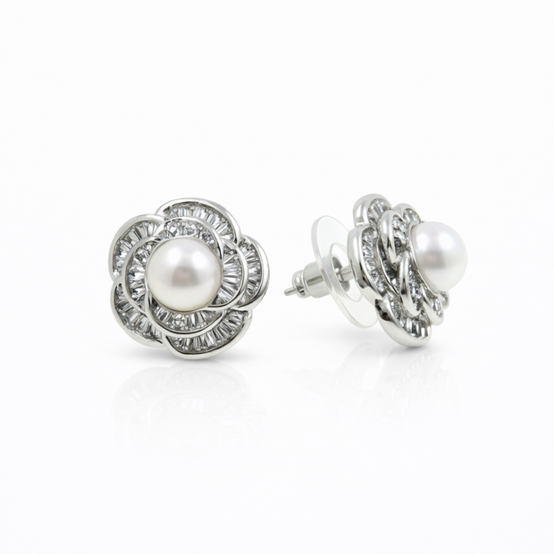 Fresh Water pearl 6-6.5mm tapered flower zinc alloy earring 15x15mm