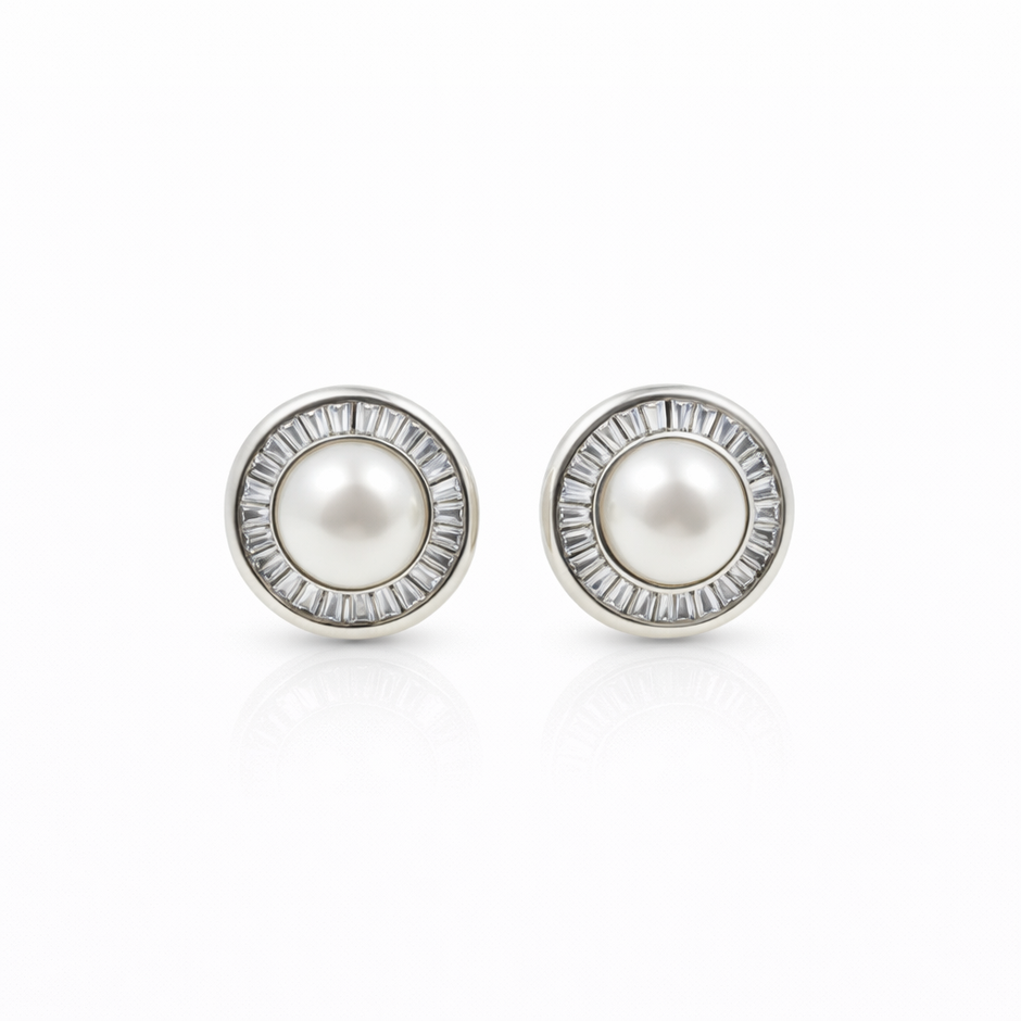 Fresh water pearl 7.5mm tapered zinc alloy earring 14.5x14.5mm