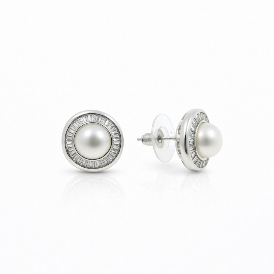 Fresh water pearl 7.5mm tapered zinc alloy earring 14.5x14.5mm