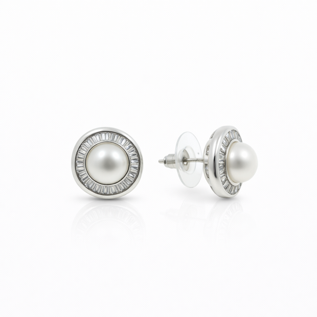 Fresh water pearl 7.5mm tapered zinc alloy earring 14.5x14.5mm