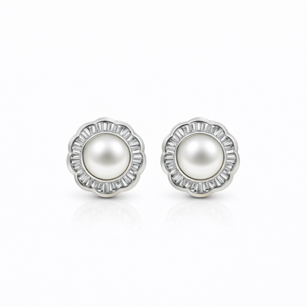 Fresh water pearl 7.5mm tapered flower zinc alloy earring 14.6x14.6mm