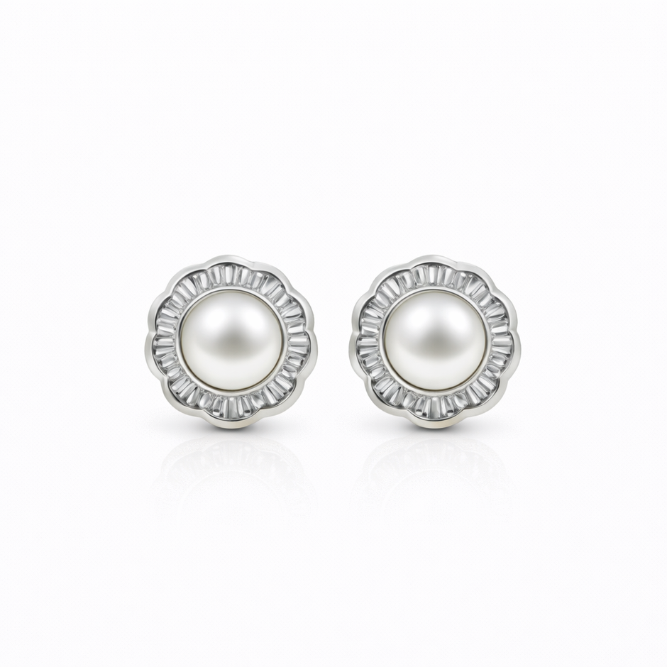 Fresh water pearl 7.5mm tapered flower zinc alloy earring 14.6x14.6mm