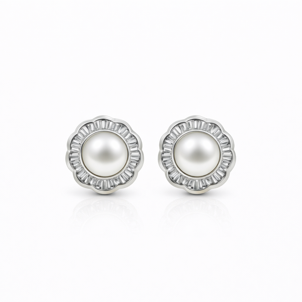 Fresh water pearl 7.5mm tapered flower zinc alloy earring 14.6x14.6mm