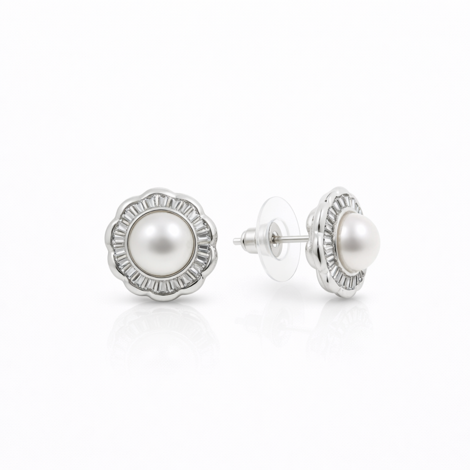 Fresh water pearl 7.5mm tapered flower zinc alloy earring 14.6x14.6mm