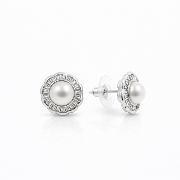 Fresh water pearl 7.5mm tapered flower zinc alloy earring 14.6x14.6mm