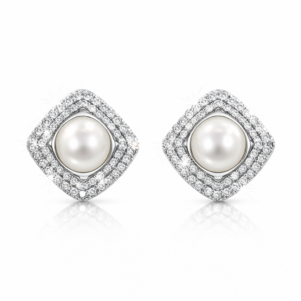 Fresh water pearl 8mm with zircon zinc alloy earring 15x15mm