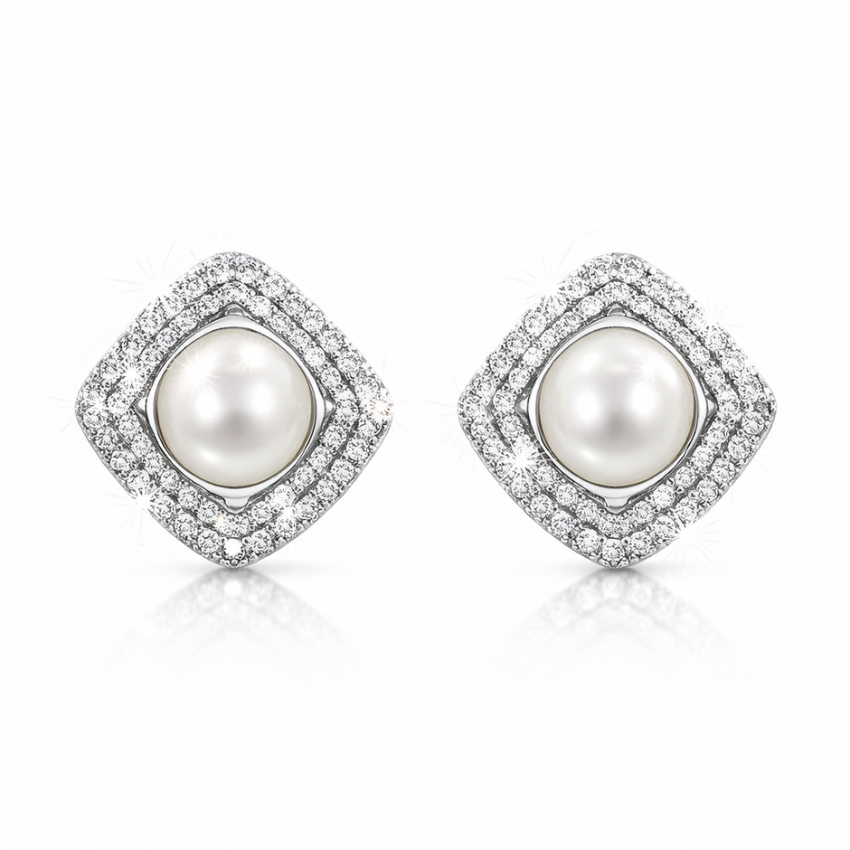 Fresh water pearl 8mm with zircon zinc alloy earring 15x15mm