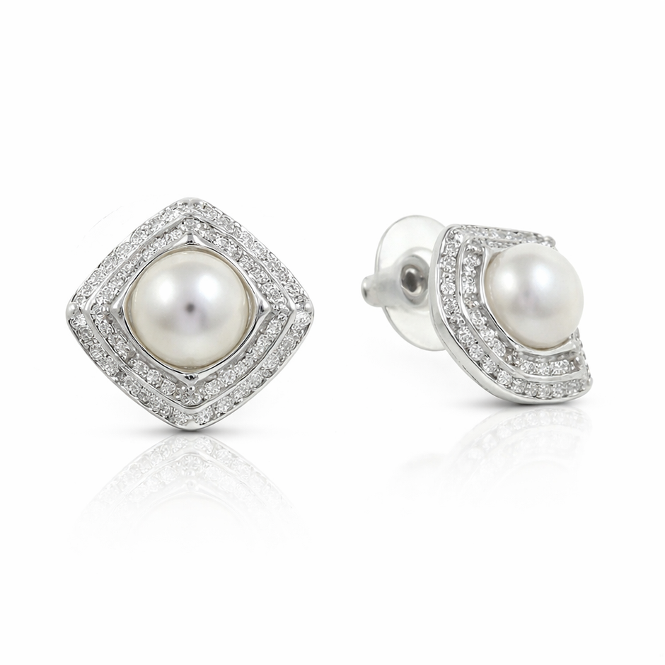 Fresh water pearl 8mm with zircon zinc alloy earring 15x15mm